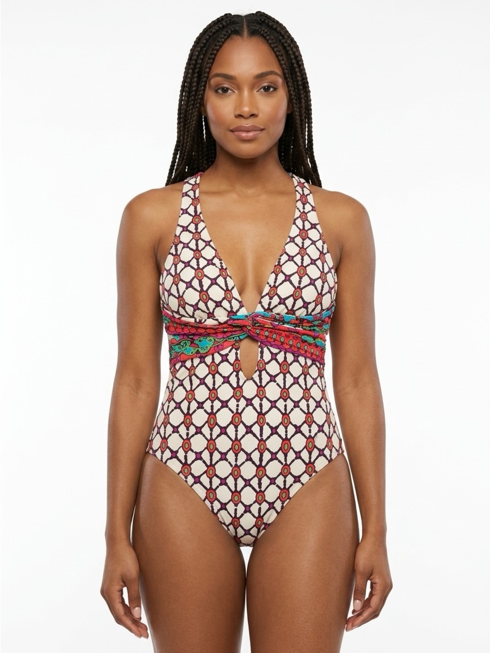 Trina Turk Cutout Plunge One Piece Swimsuit Lattice White Black Multi 6